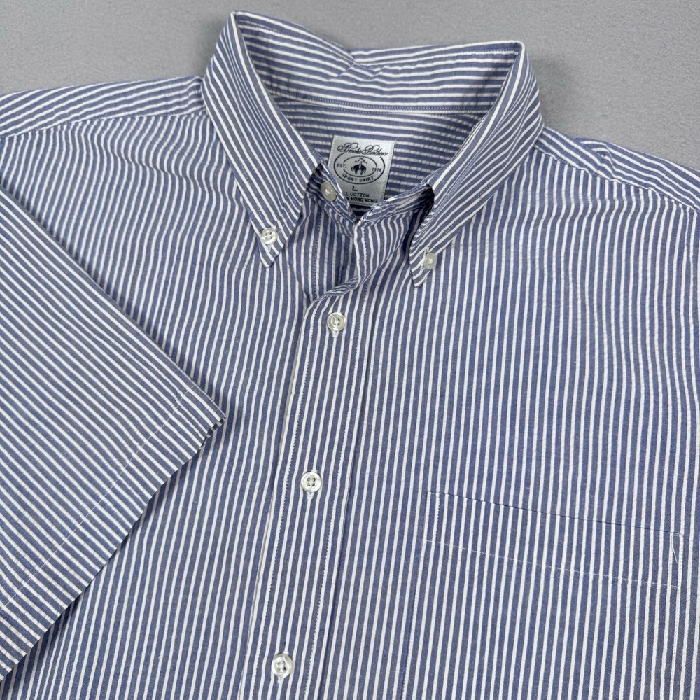 Vintage Brooks Brothers Shirt Mens Large Blue Striped Seersucker Button Down EUC